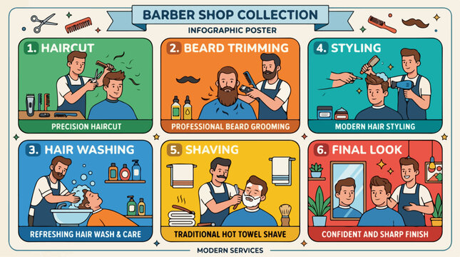 Colorful barber shop infographic poster showing six essential grooming service steps
