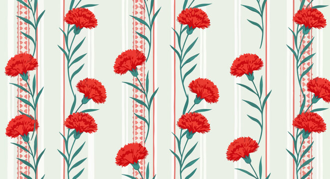 Red carnation flowers arranged in a beautiful vintage striped vector pattern