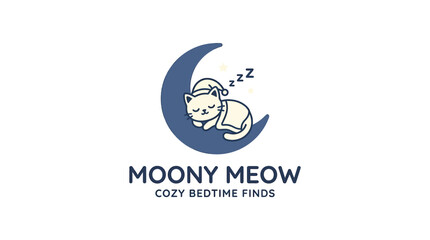 Fototapeta premium Serene sleeping cat on crescent moon bedtime logo