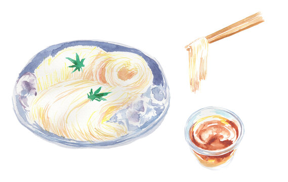 水彩で描いたそうめんとめんつゆのイラストセット 
