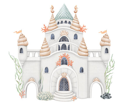 Underwater floral castle with plants, seaweeds, corals and sea sponge, cute watercolor fantasy for your perfect sea landscape, aquarium, childish mural, baby shower, poster, wallpaper, for background