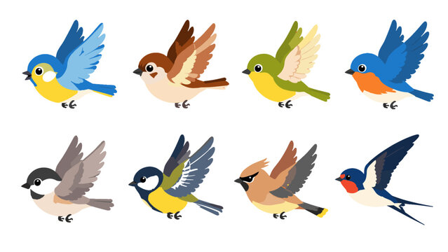 Set of colorful flying songbirds in flat vector style