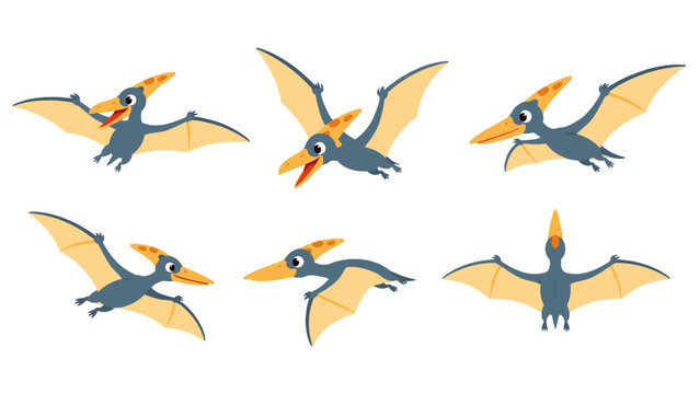 Cartoon pterodactyl set in different flying poses