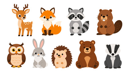 Obraz premium Cute woodland animal cartoon set with deer fox raccoon and bear