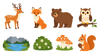 Cute woodland animals and forest nature element vector set © Alan