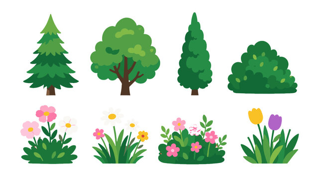 Cartoon trees bushes and flowers set isolated on white