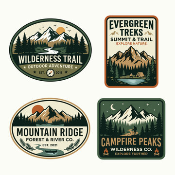 Set of colorful vintage outdoor and mountain hiking badges.