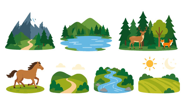Set of flat nature landscape scenes with forest, lake, river and animals