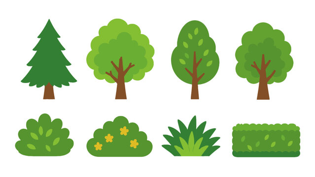 Flat vector set of trees, bushes, grass, and hedge