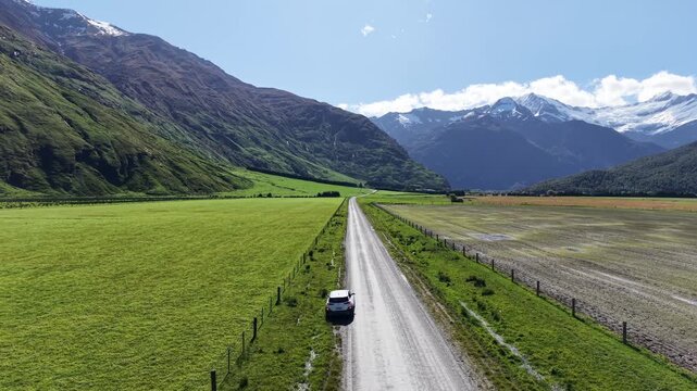 Aerial View of Road to Rob Roy Glacier Through Mount Aspiring Valley New Zealand