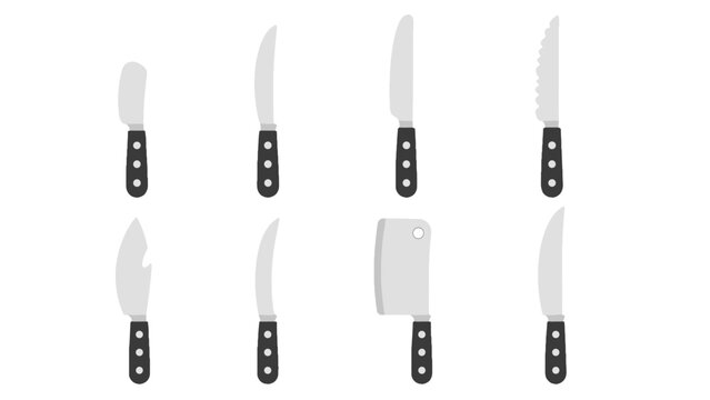 Set of kitchen knives and cleaver in simple vector style