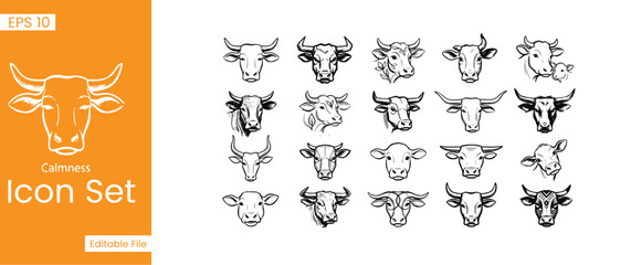 Obraz premium Cattle and Buffalo Head Sketch Icon Set featuring Bull Cow Horns Livestock Animal Breeds Ranch Farming and Butchery Line Art Vectors