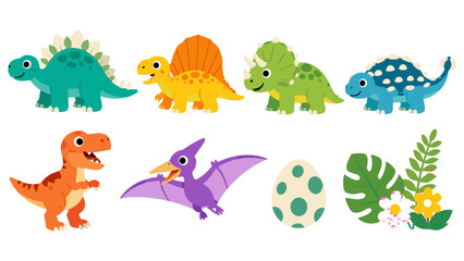 Cute cartoon dinosaurs with egg and tropical leaves set © Alan