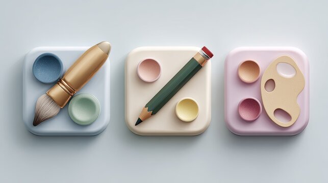 Pastel-colored, 3D art tools icons