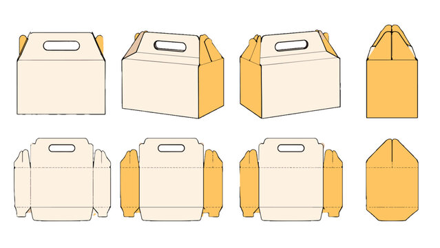 Gable top carry box packaging template and perspective views