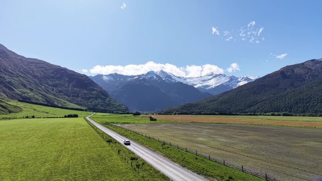 Aerial View of Road to Rob Roy Glacier Through Mount Aspiring Valley New Zealand