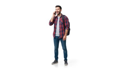 Fototapeta premium Young Man Talking on Phone with Backpack Isolated.