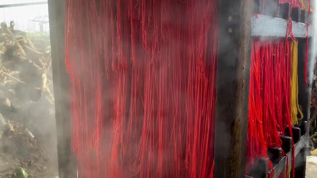 Traditional Red Noodle Mie Habang Drying Process With Steam in Artisan Food Workshop South Kalimantan Indonesia