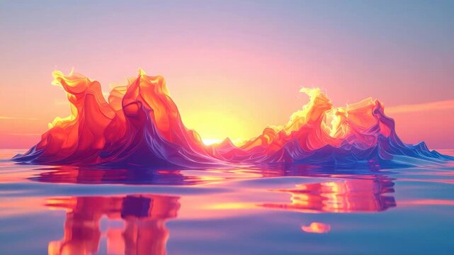 Abstract sunrise over water, with fiery shapes reflecting. Vibrant hues of orange and blue