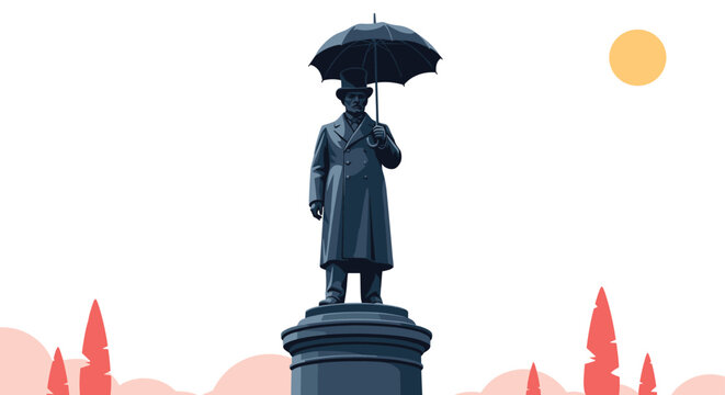 Distinguished statue of a gentleman in a top hat and long coat holding an umbrella against a soft morning sun.