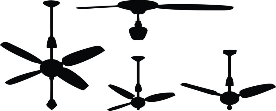 A collection of four ceiling fan silhouettes in various styles isolated on a white background, for interior and, cooling concepts