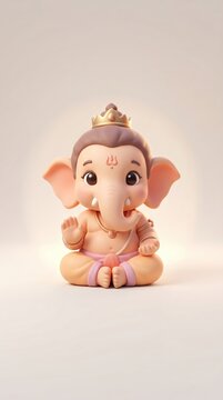Cute cartoon style baby ganesha sitting in meditative pose with golden crown and soft lighting on a clean minimalist background for spiritual celebration design