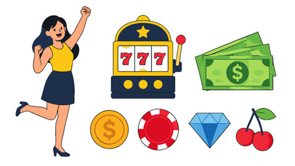 Winning casino icons with woman, slot machine, cash and symbols © Alan