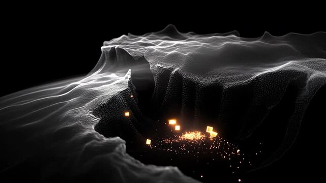4k concept video to show breakdown and mining of alkali metal lithium for batteries or extraction of raw materials in general. 3d grid animation on black background.