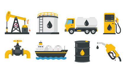 Oil industry equipment and fuel icons set in flat vector style © Alan