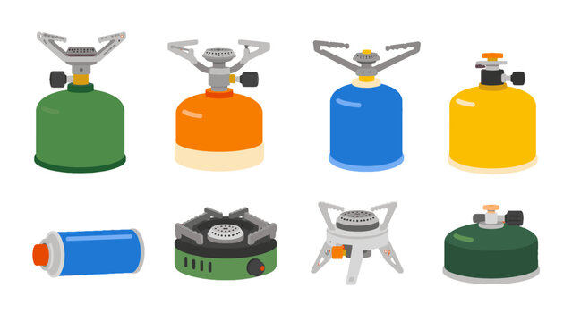 Set of portable camping gas stoves and fuel canisters