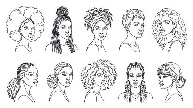 Diverse Women Hairstyles Line Art Illustration - Black Hair, Braids, Afros, Twists