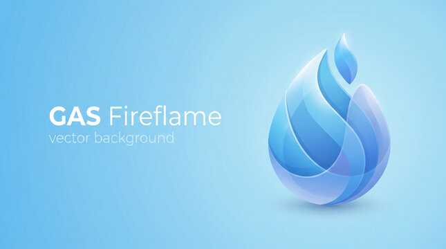 Abstract blue flame icon designed with translucent layered shapes on a clean light gradient background