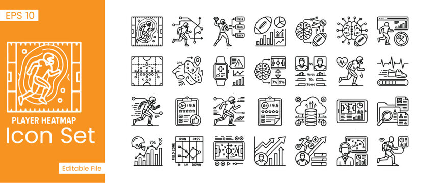 Player Heatmap and Sports Analytics Line Icon Set