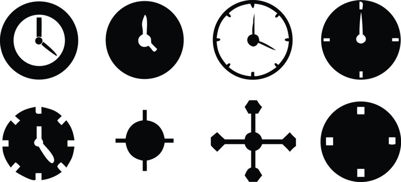 A collection of eight different clock and geometric shape silhouettes isolated on a white background, representing time and abstract symbols