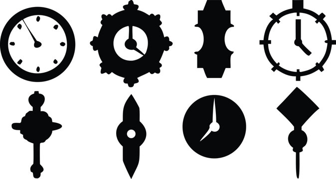 A collection of eight different clock and decorative dial silhouettes isolated on a white background, representing various timekeeping styles