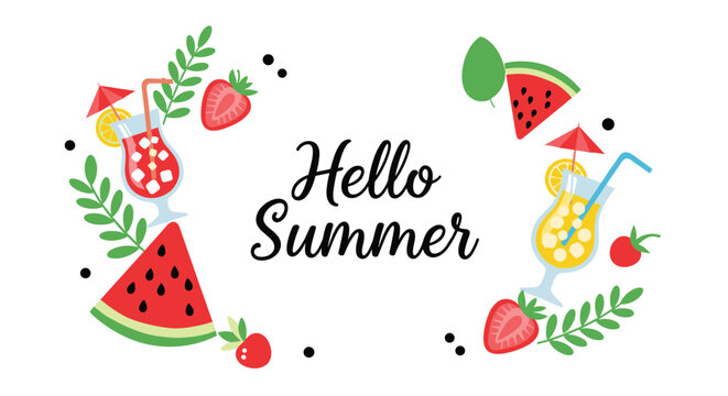 Hello summer holiday greeting card features tropical fruits like watermelon and strawberries with refreshing cocktails and green leaves.