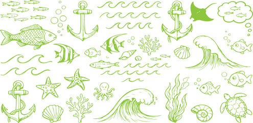 Hand drawn nautical icons set, green sea life sketches including fish and anchors, ocean themed vector elements for summer branding and coastal decor © Template 