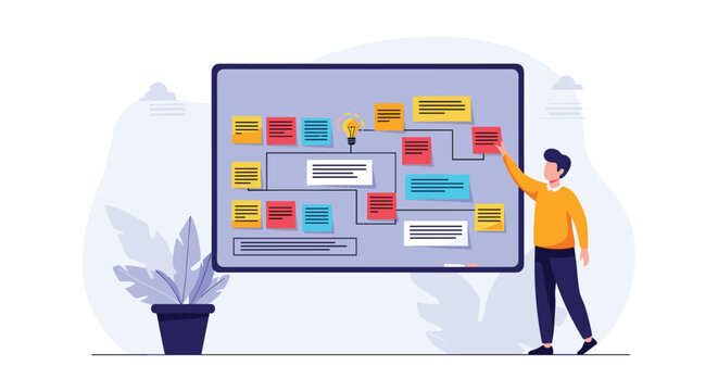 Creative professional man organizing tasks and ideas with colorful sticky notes on a large whiteboard in a modern office brainstorm session.