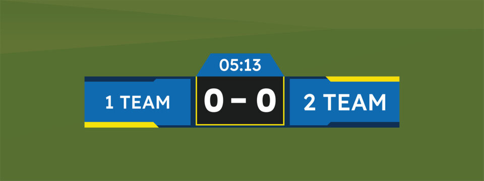 Digital football scoreboard graphic with match time display blue team panels and central goal counter on green field.