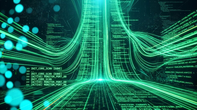 Abstract digital stream of green lines and code, symbolizing data flow, technology, and digital network.