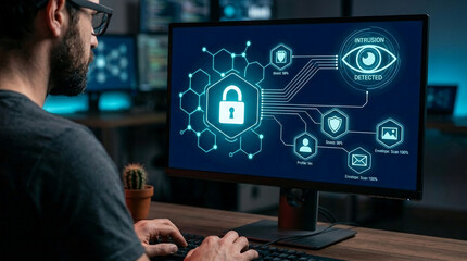 Fototapeta premium Cybersecurity visual, showing a digital interface with a lock, eye, and shield icons, representing data protection and threat detection on a computer screen.