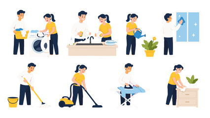 Fototapeta premium Set of household cleaning and chore scenes with couple