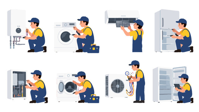 Appliance repair technician servicing household machines set