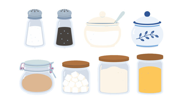 Set of kitchen condiment jars, shakers, and storage containers