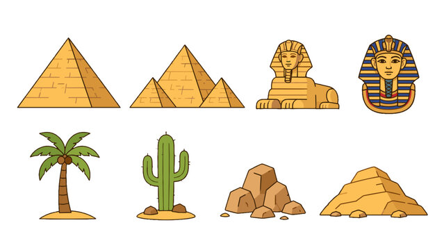 Set of Egyptian desert icons with pyramids sphinx and palm
