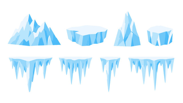 Set of blue icebergs and icicles isolated on white