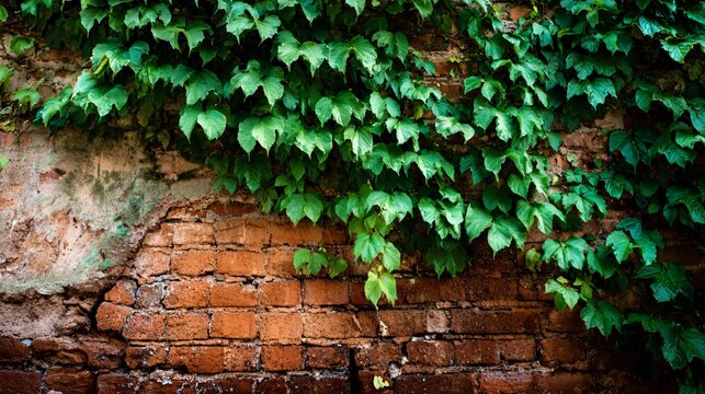 Close-up of vibrant green ivy leaves covering a weathered and crumbling rustic brick wall, detailed natural texture for architectural and nature backgrounds
