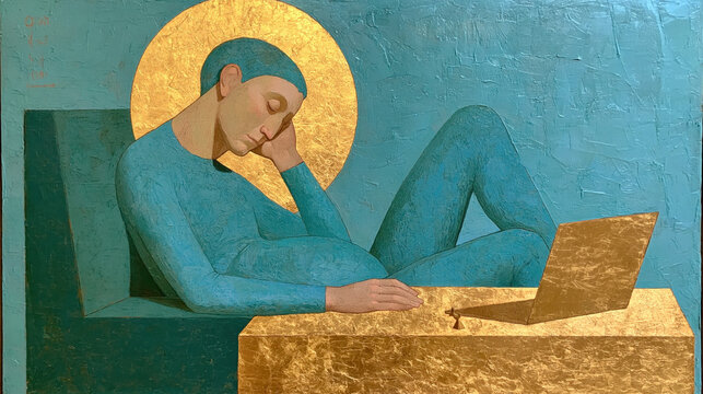 Teal-clad sleeping figure with golden halo in serene Byzantine-style devotional painting