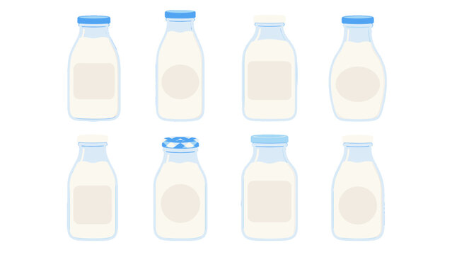 Set of milk bottles and jars with blank labels in flat vector style