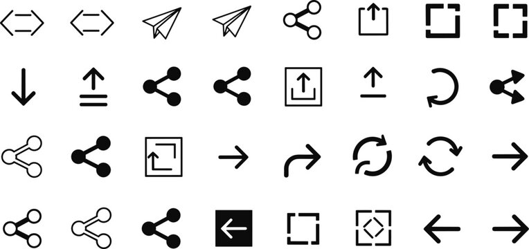Minimalist vector icon set featuring sharing, upload, download, refresh, and arrow symbols for web and mobile UI design